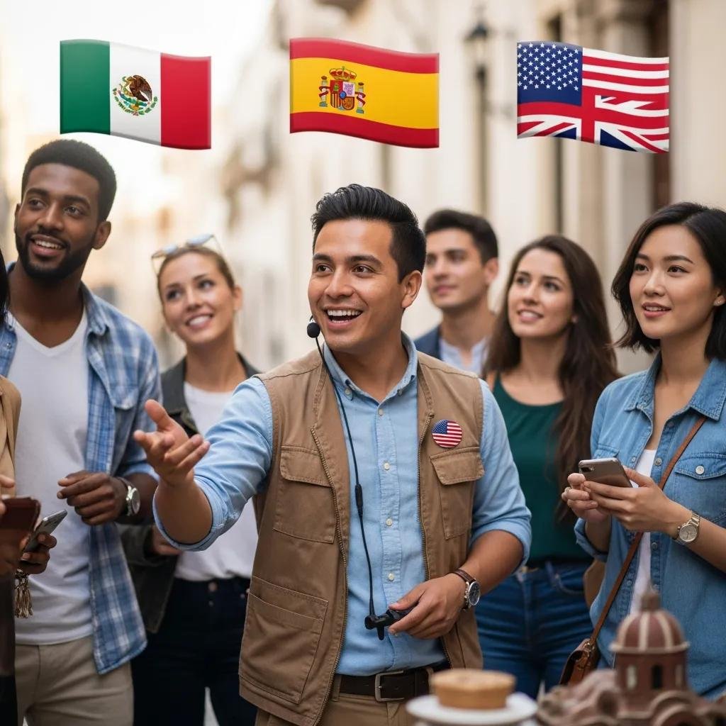 Bilingual tour guide engaging with tourists, showcasing local culture in San Diego