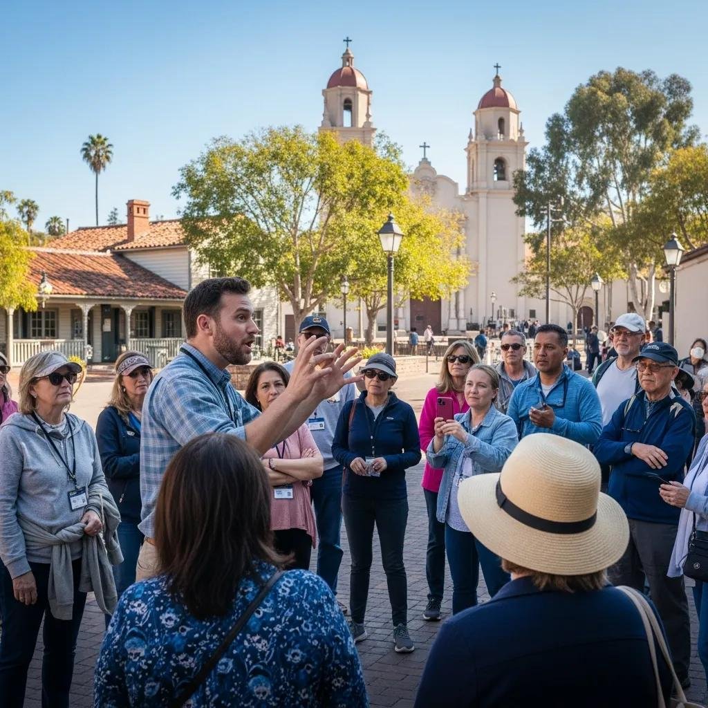 Diverse group of visitors engaging with a tour guide during the Old Town San Diego free walking tour