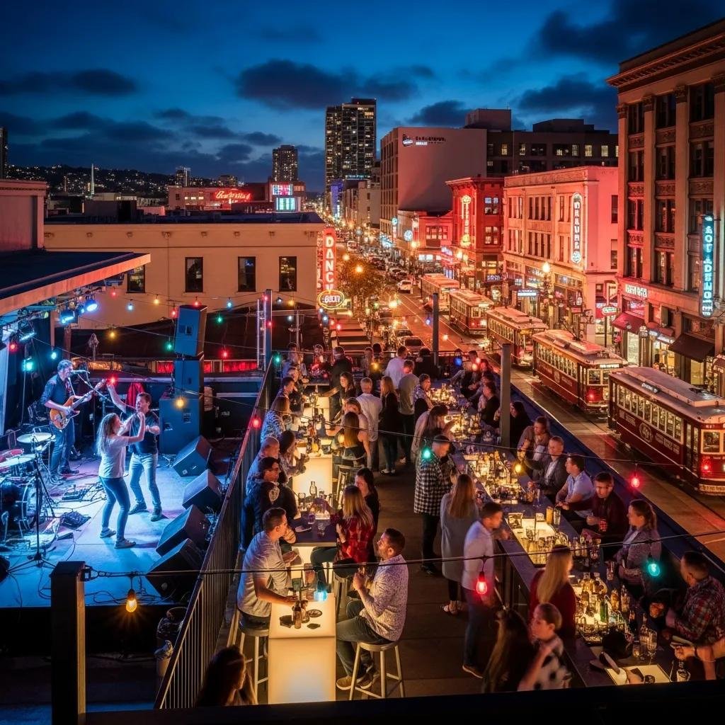 Trendy rooftop bar in Gaslamp Quarter with patrons enjoying nightlife