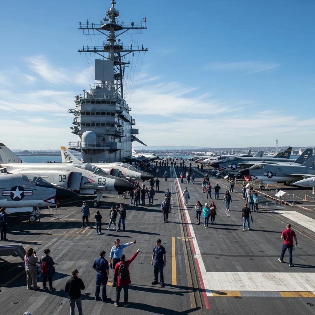 Visitors exploring the USS Midway Museum showcasing the aircraft carrier and interactive exhibits