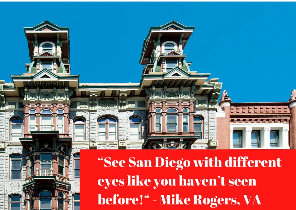 Ornate historic San Diego building facade in the Gaslamp Quarter with bay windows