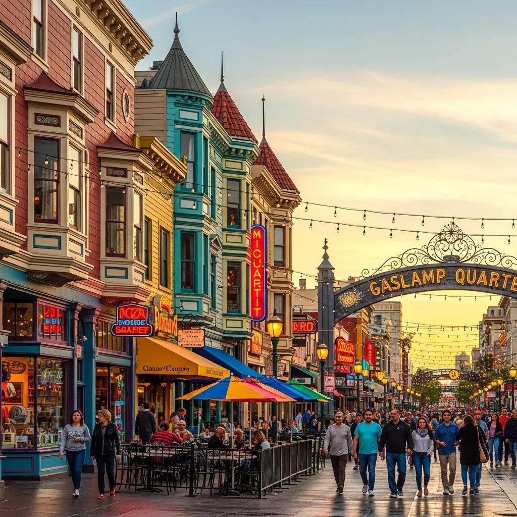 Gaslamp Quarter street scene with Victorian architecture and lively atmosphere