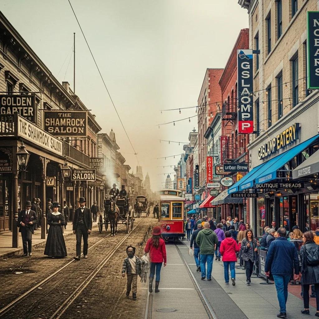 Historical transformation of the Gaslamp Quarter from the 19th century to modern times