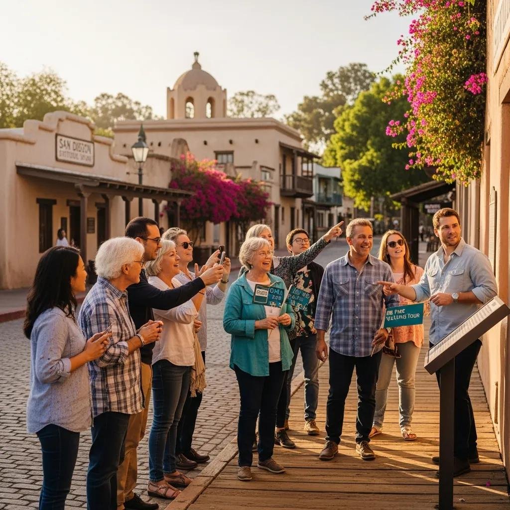 Tourists on a free walking tour in Old Town San Diego with a guide sharing stories
