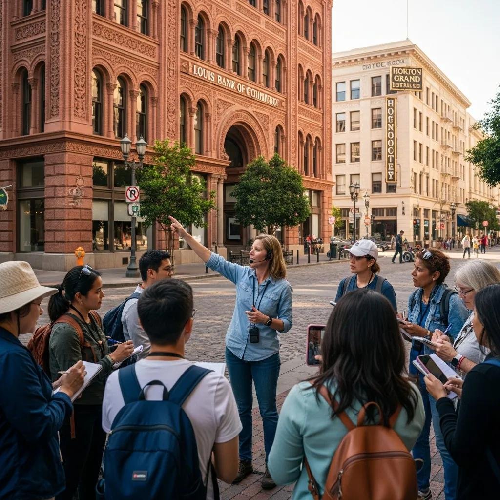 Tourists participating in a pay-as-you-wish walking tour in the Gaslamp Quarter