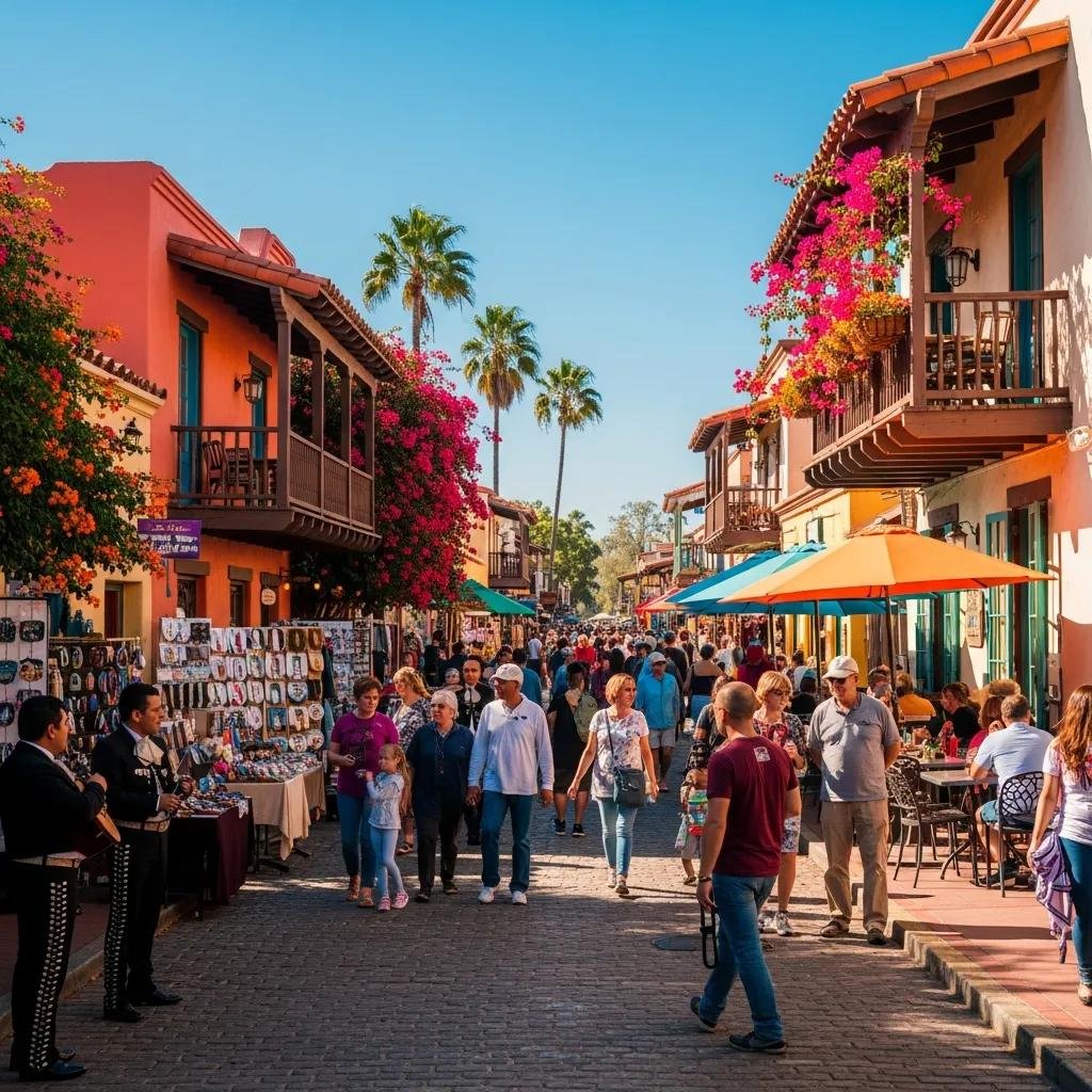 Vibrant view of Old Town San Diego with historic buildings and visitors exploring the area