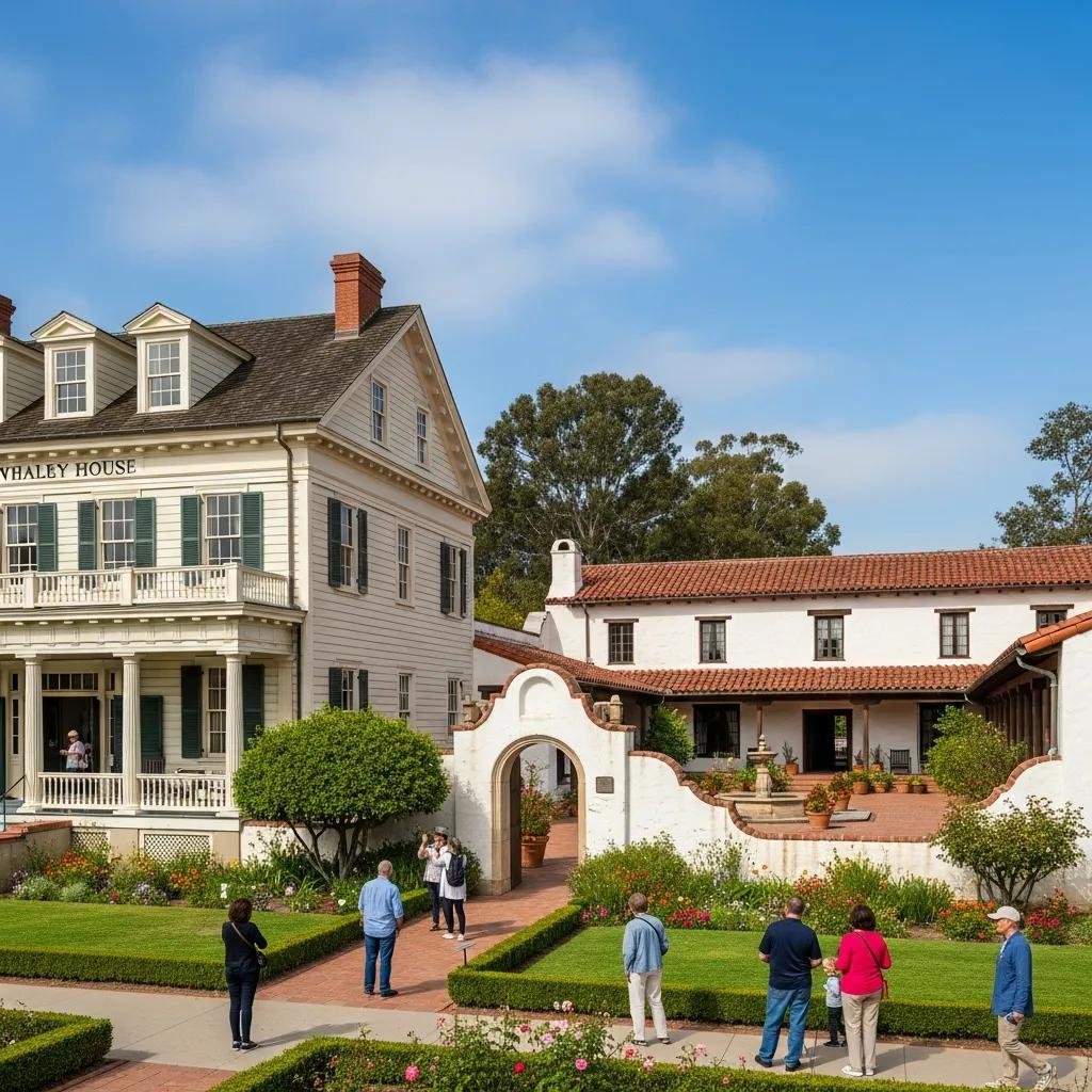 Whaley House and Casa de Estudillo in Old Town San Diego with visitors admiring the architecture