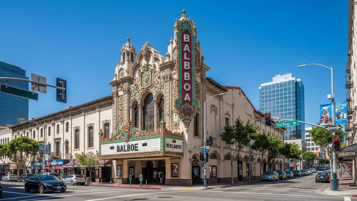 Balboa Theatre in San Diego, showcasing its stunning Spanish Baroque architecture and vibrant downtown atmosphere