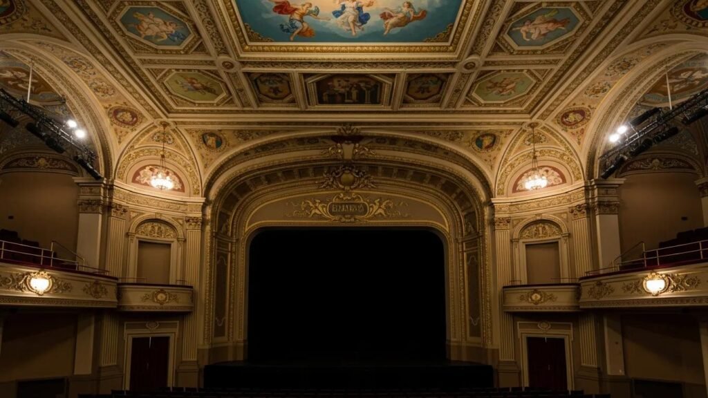 Intricate architectural details of Balboa Theatre, highlighting ornate plasterwork and the beautifully painted ceiling
