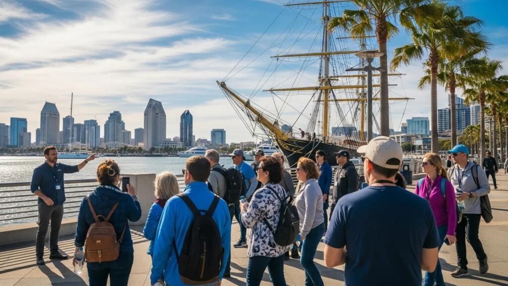Participants on a free walking tour near the Star of India, enjoying San Diego's maritime landmarks
