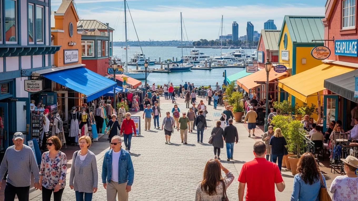 Seaport Village waterfront marketplace with colorful shops and San Diego Bay views