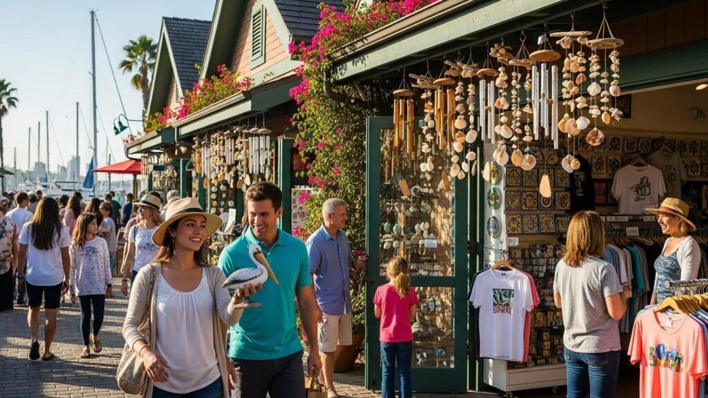 Shoppers exploring unique boutiques and local crafts at Seaport Village