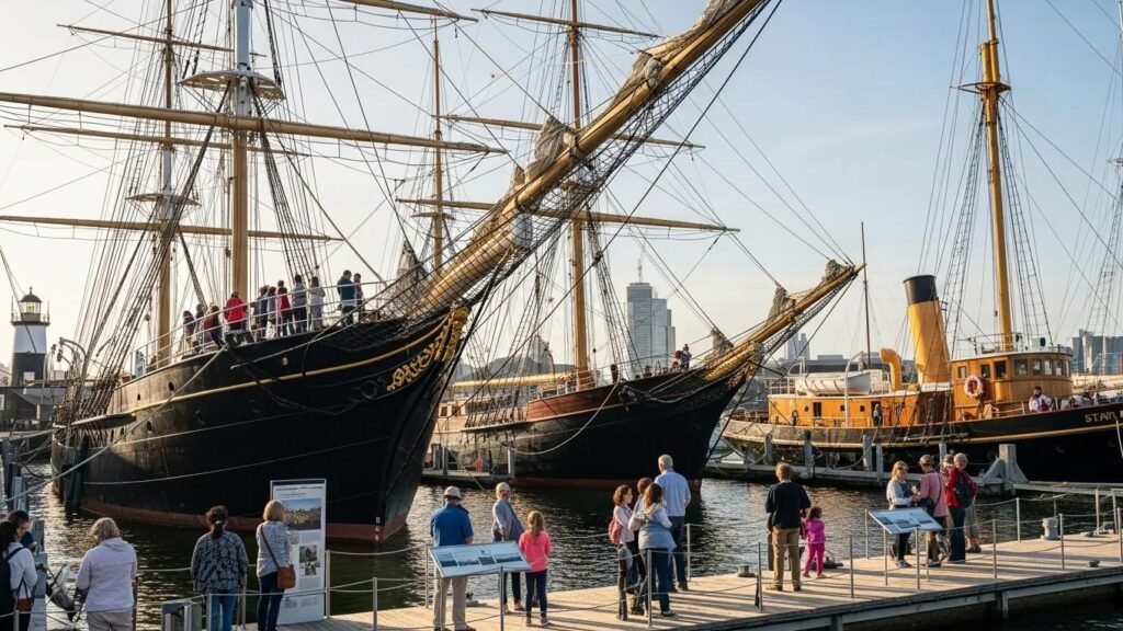 Star of India and historic ships at Maritime Museum showcasing San Diego's maritime history