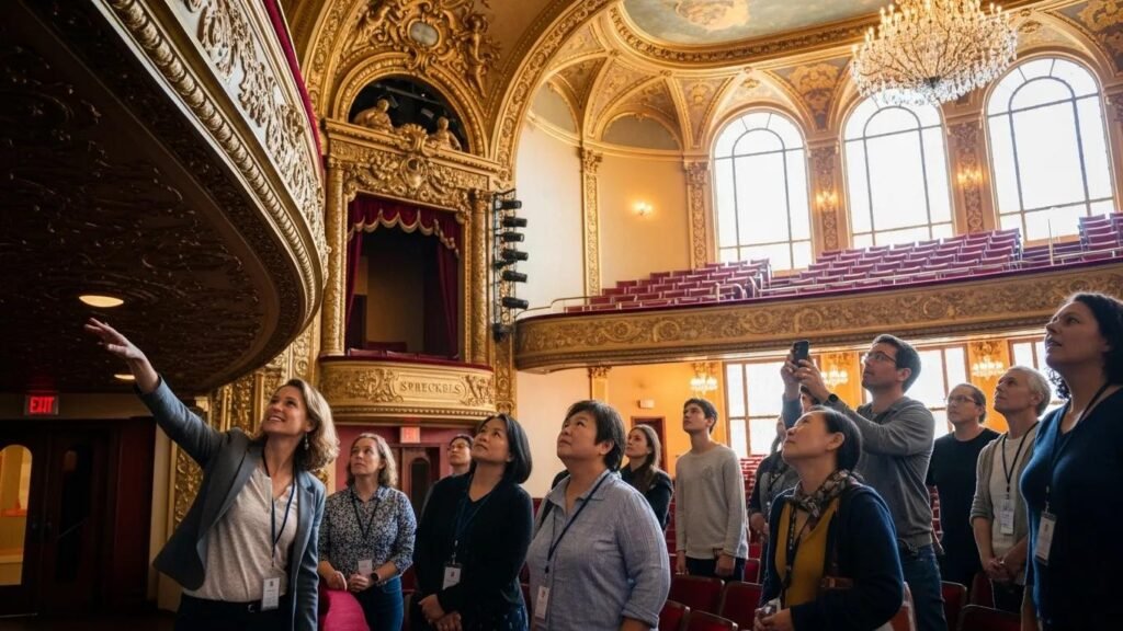 Visitors on a guided tour at Spreckels Theatre exploring its architectural beauty