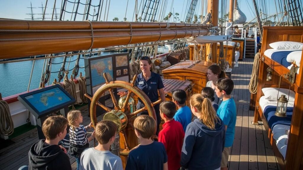 Visitors on a guided tour of the Star of India, exploring maritime history