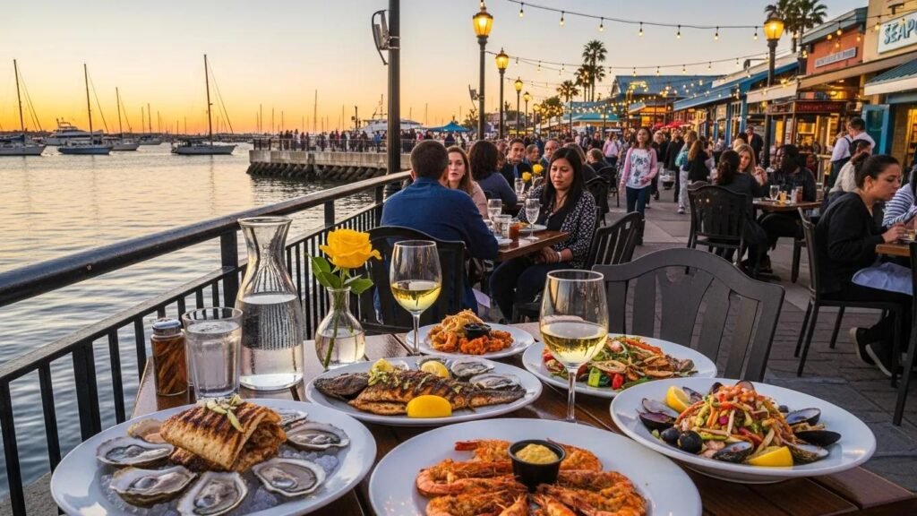 Waterfront dining at Seaport Village with seafood dishes and San Diego Harbor views