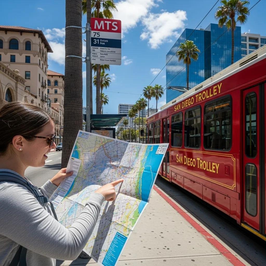 Tourist studying map near San Diego Trolley and public transportation.