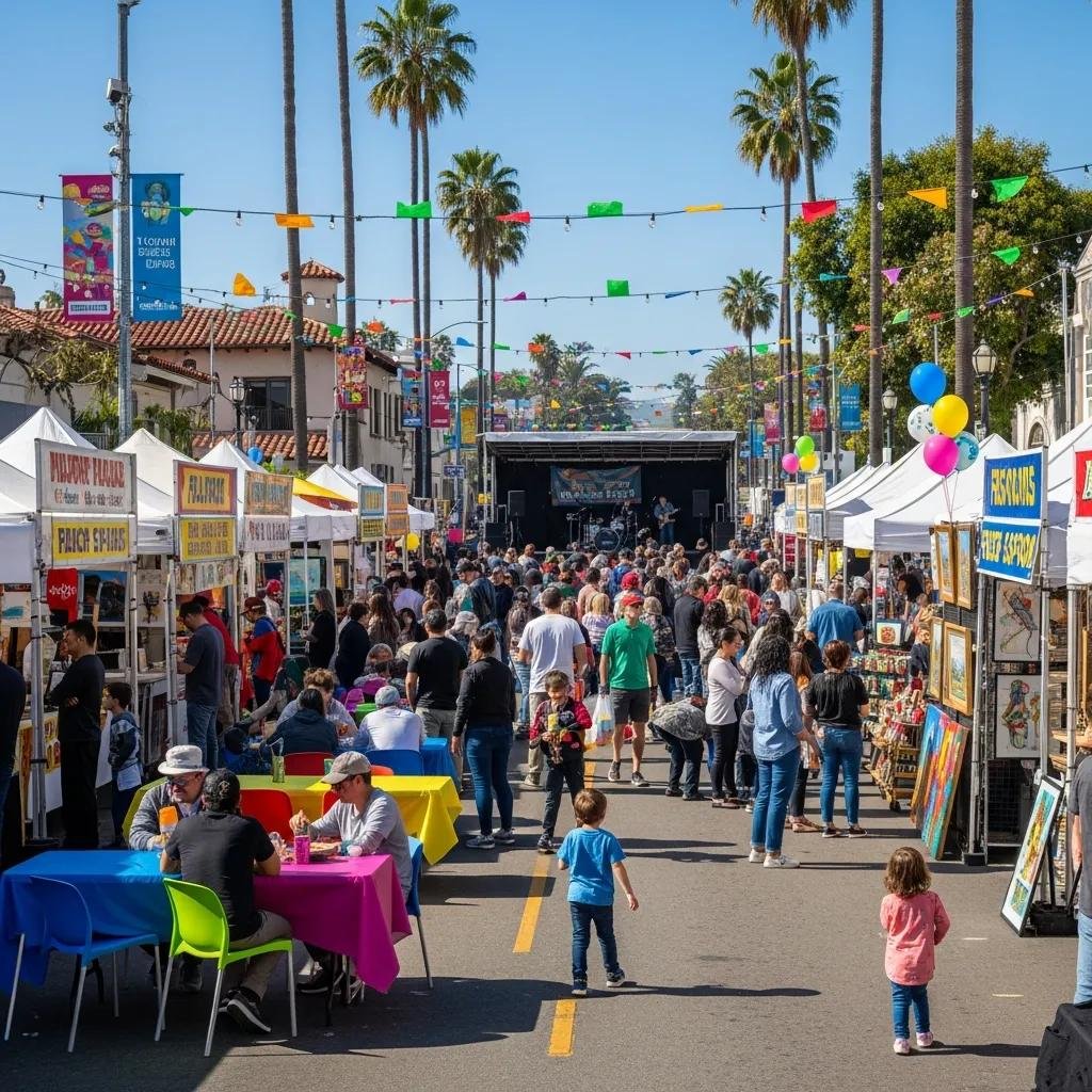 Crowd enjoying a free cultural event in San Diego with music and food stalls, Balboa Park backdrop.