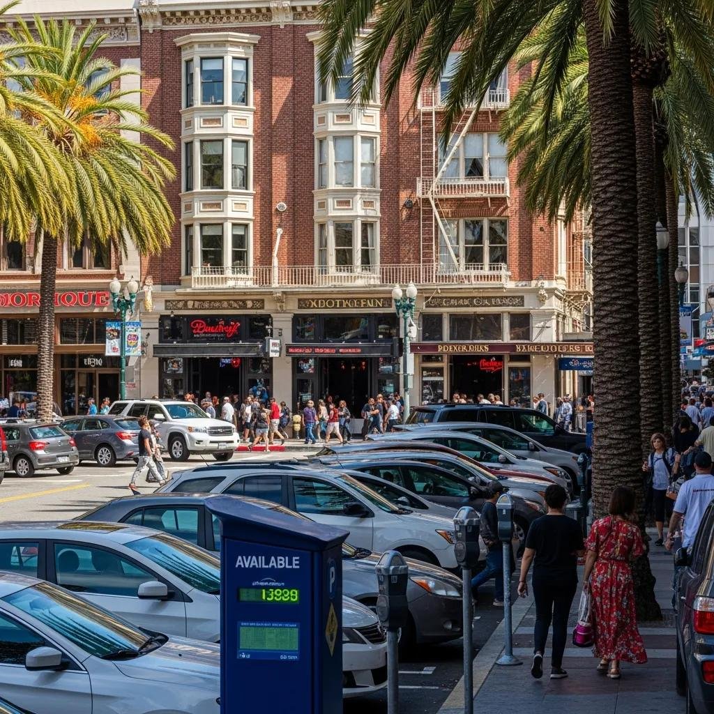 Downtown San Diego parking scene with cars, palm trees, and Gaslamp Quarter architecture.