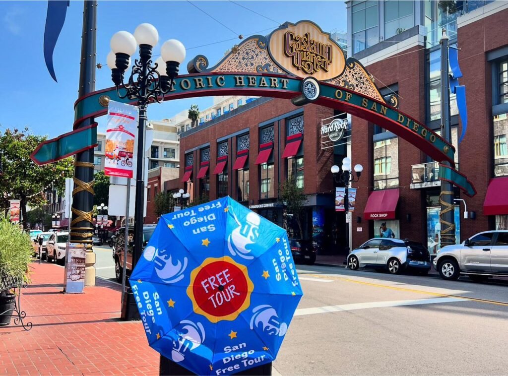 Gaslamp Quarter sign and umbrella illustrating a San Diego Free Tour.