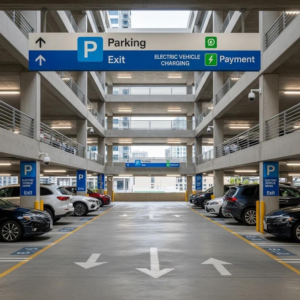 Modern parking garage interior in downtown San Diego with parked cars and clear signage, including electric vehicle charging payment options.