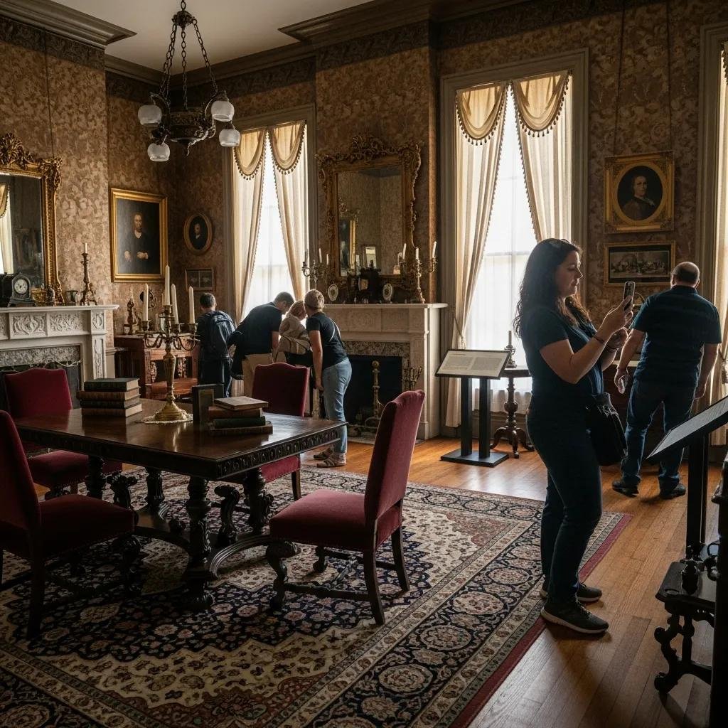 Interior view of the Whaley House Museum showcasing historic decor, ambiance, and visitors exploring the haunted house.