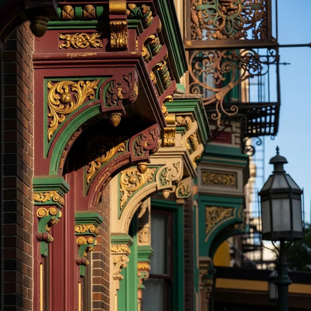 Intricate Victorian architecture details on a historic building in the Gaslamp Quarter, San Diego.
