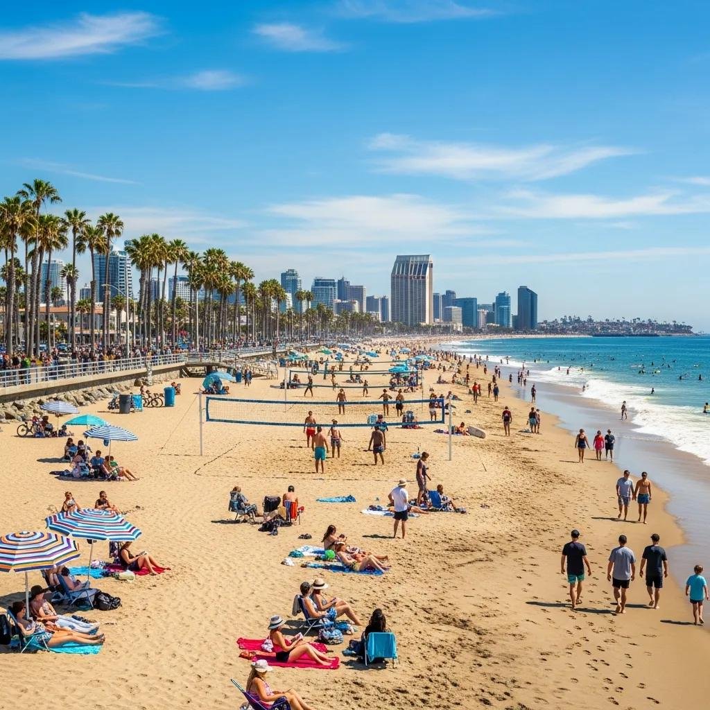 San Diego coastline with beachgoers enjoying sun and surf, free San Diego activities.