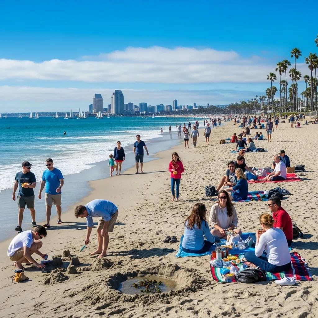 San Diego coastline with people enjoying free activities and scenic views.