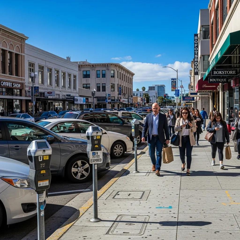 Metered street parking in downtown San Diego with parked cars and pedestrians, showing parking meter and sidewalk.
