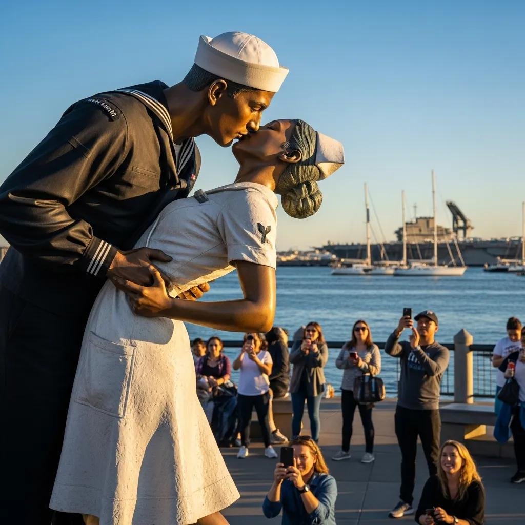 Unconditional Surrender statue symbolizing peace, popular San Diego photo spot with visitors capturing memories.