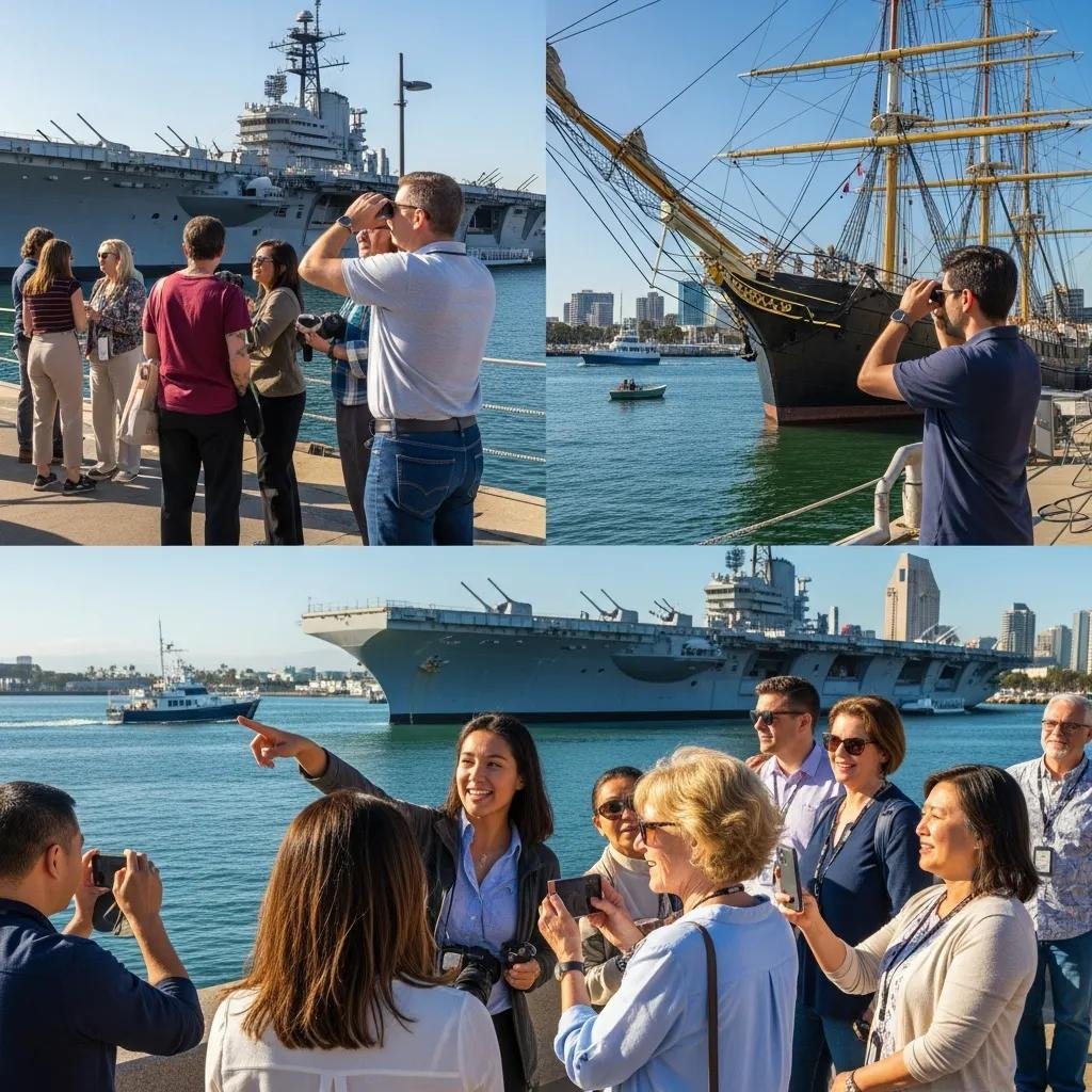Tourists exploring San Diego landmarks: USS Midway and Maritime Museum during a free walking tour.