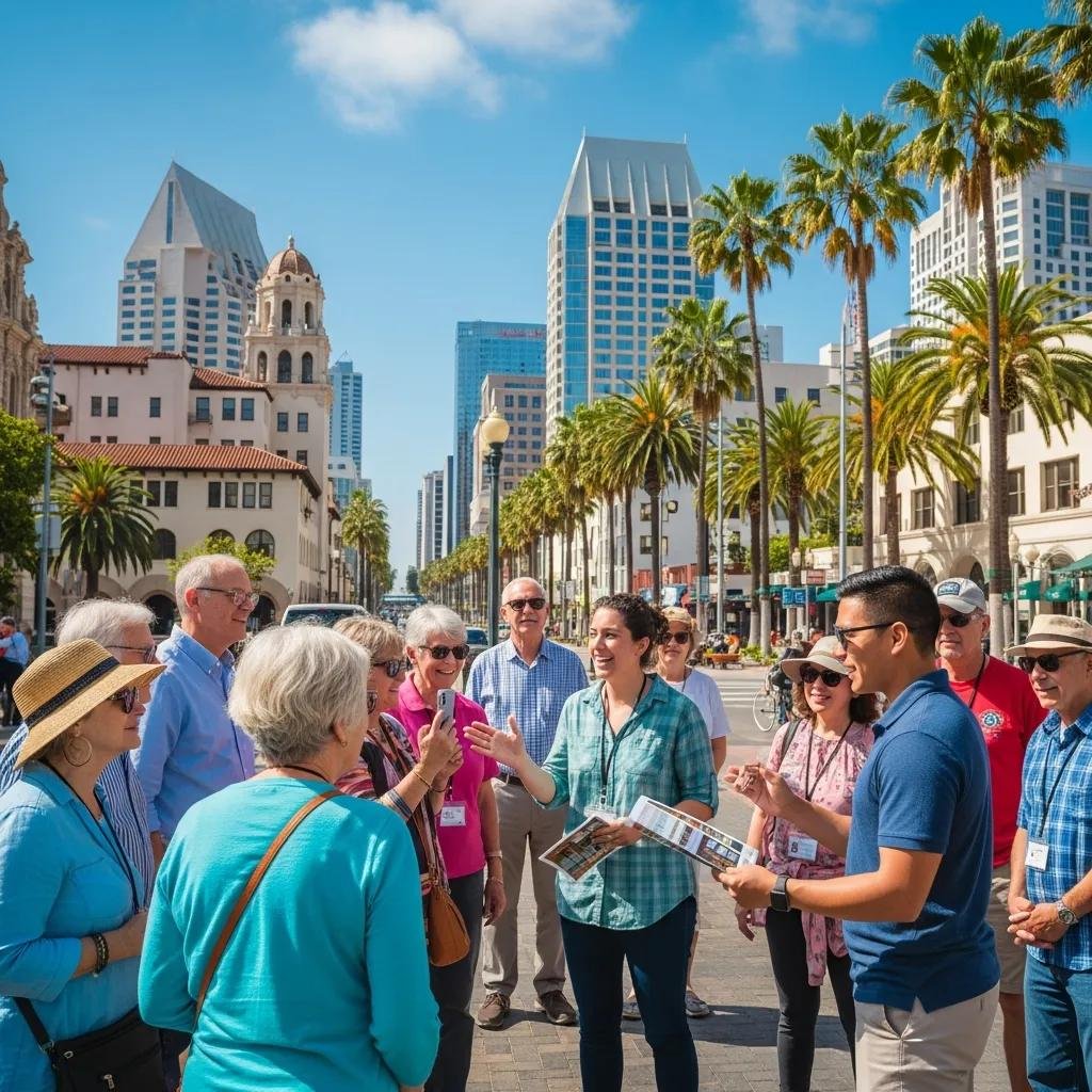 Group of tourists on a San Diego walking tour with a guide, exploring iconic architecture and landmarks.