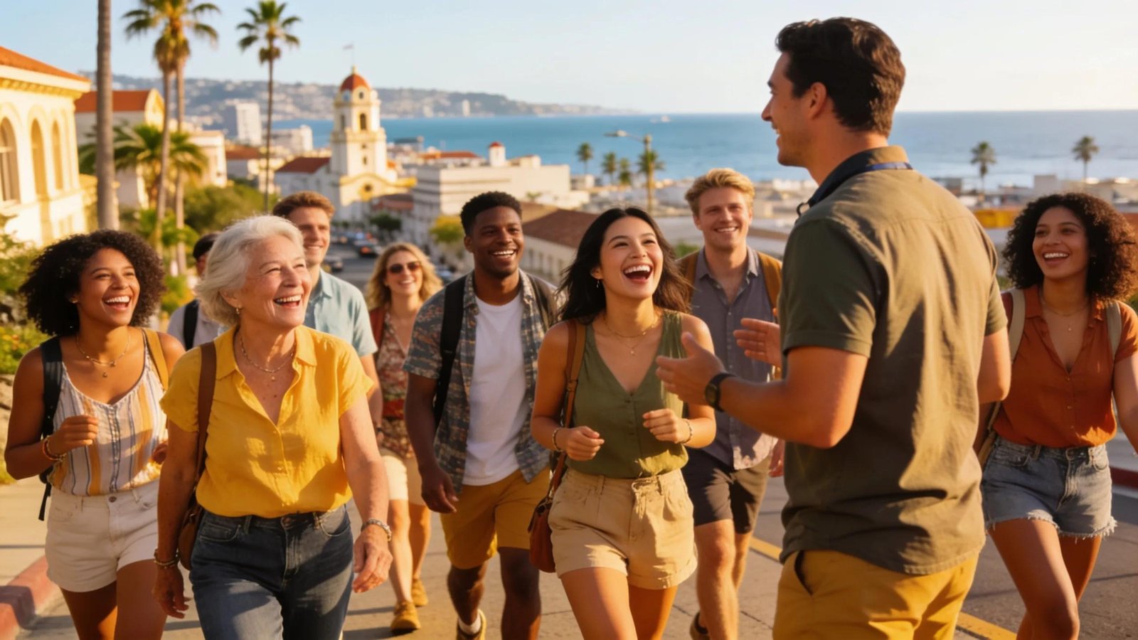 Tourists happily participating in a Pay-What-You-Wish walking tour in San Diego with a local guide.