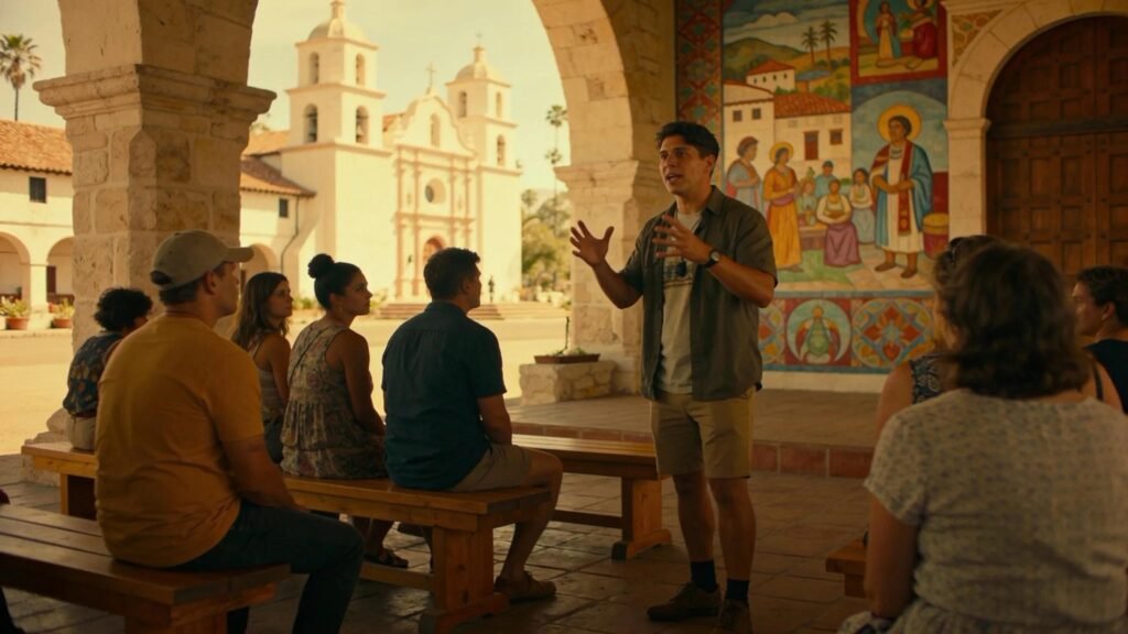 Local guide engaging with tourists and enhancing their experience during a walking tour in San Diego.