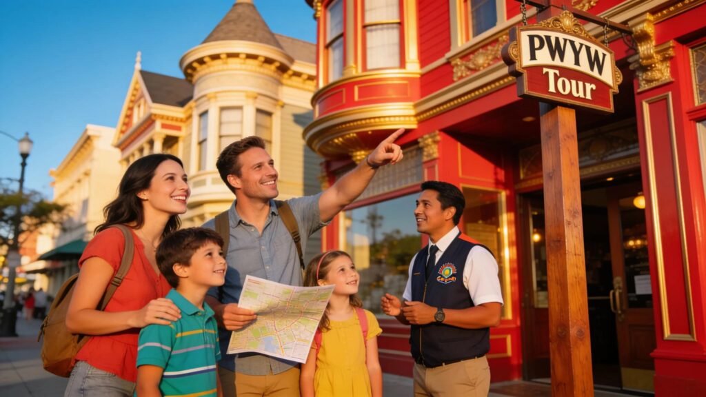 A family enjoying their Pay-What-You-Wish walking tour in the Gaslamp Quarter of San Diego.