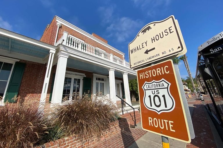 Whaley House exterior and historic landmark sign in Old Town San Diego.